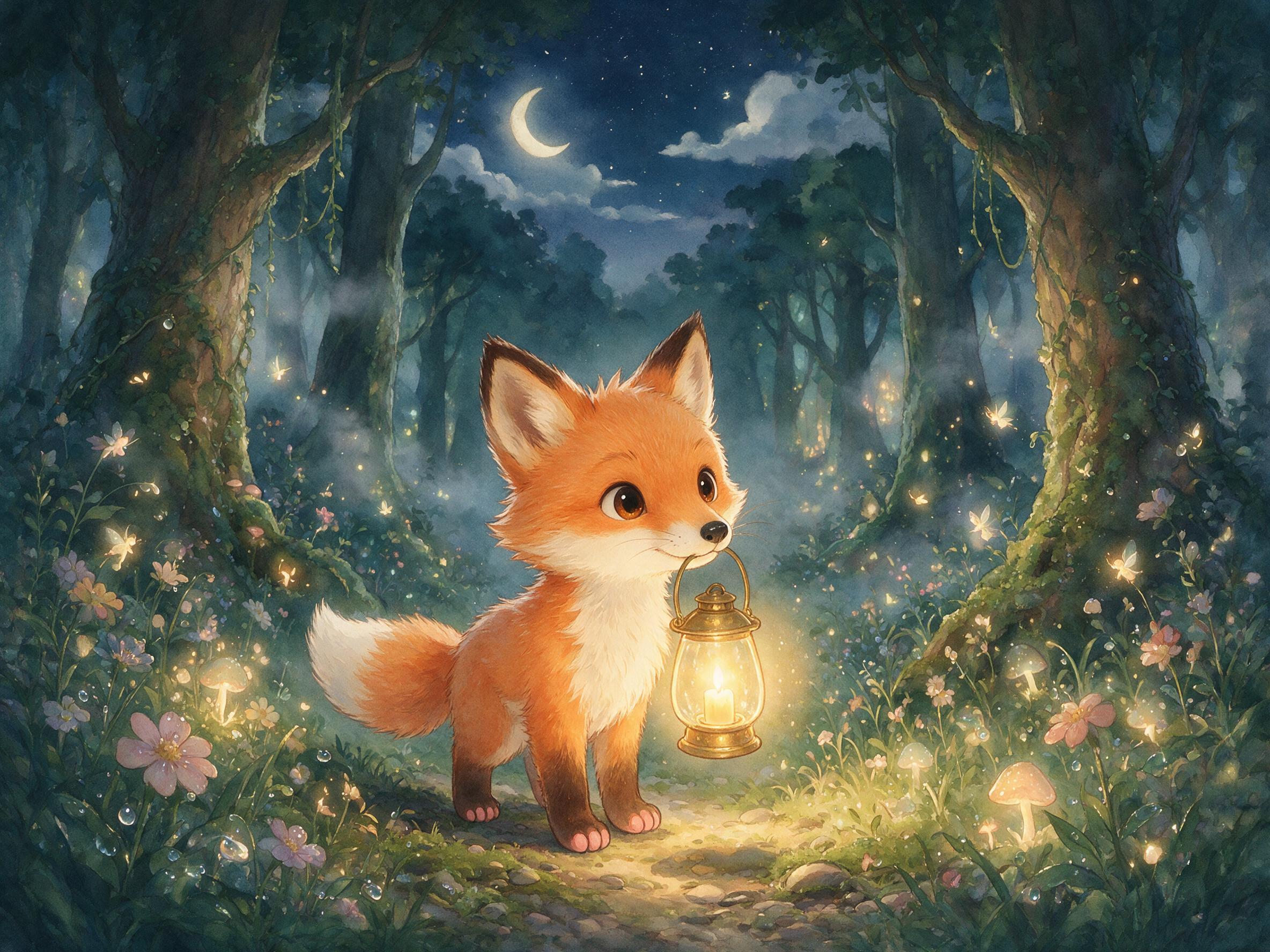 Luma the fox cub holding a glowing lantern at the edge of a starlit forest
