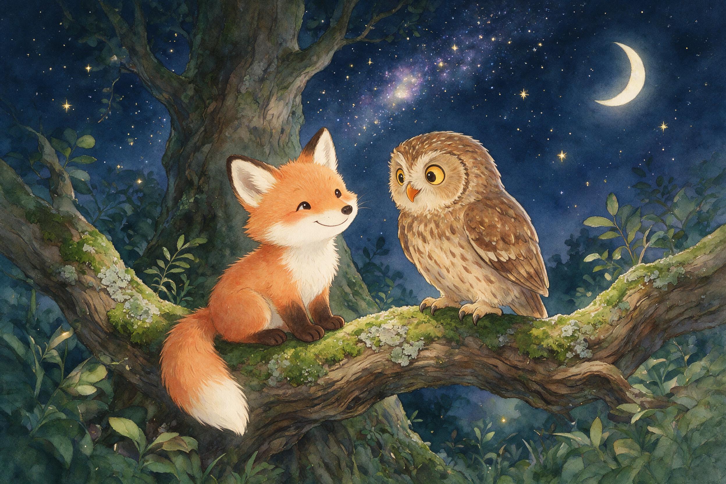 Luma the fox cub and Ollie the wise old owl together under a sky full of stars